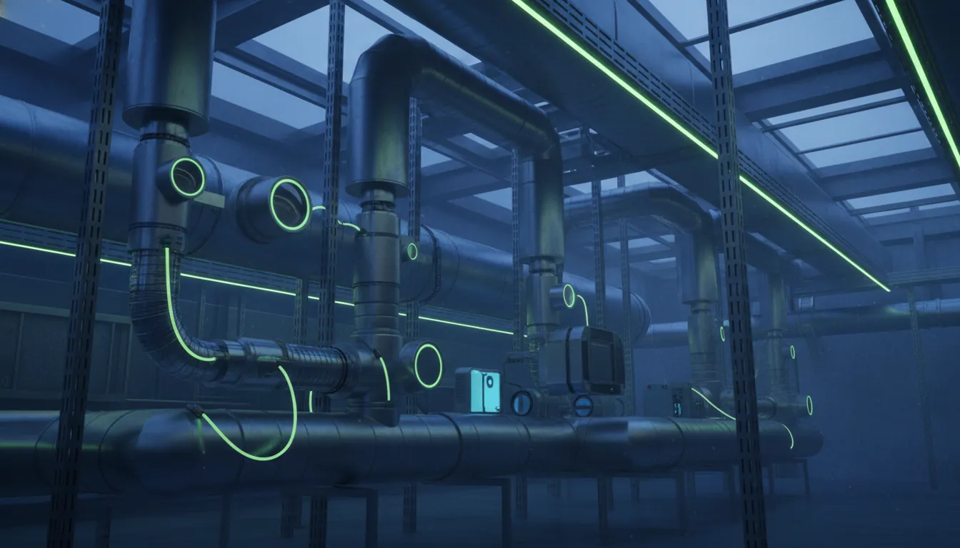 HVAC ductwork with sensors in a mechanical room