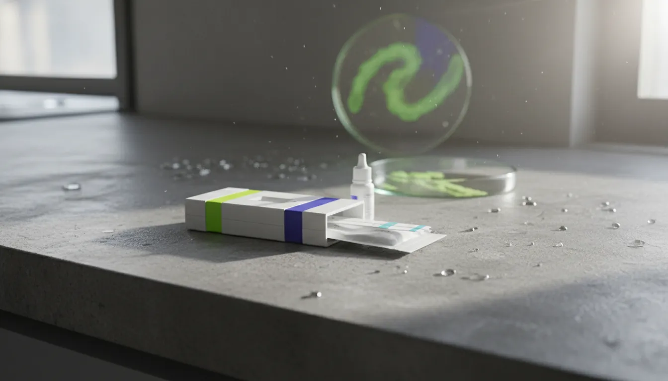 A diagnostic test kit on a lab countertop with a petri dish in the background.