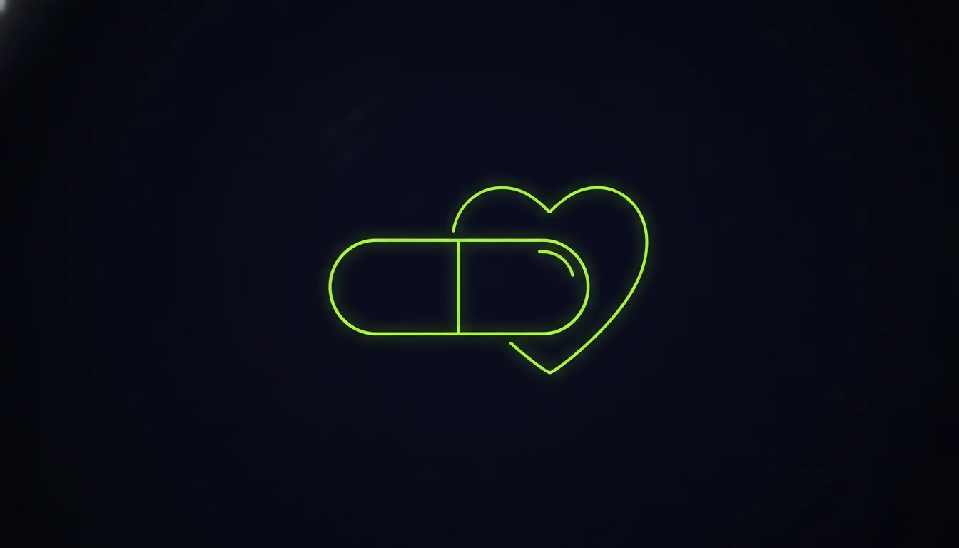 A minimalist representation of a drug capsule and heart symbol in a dark palette.