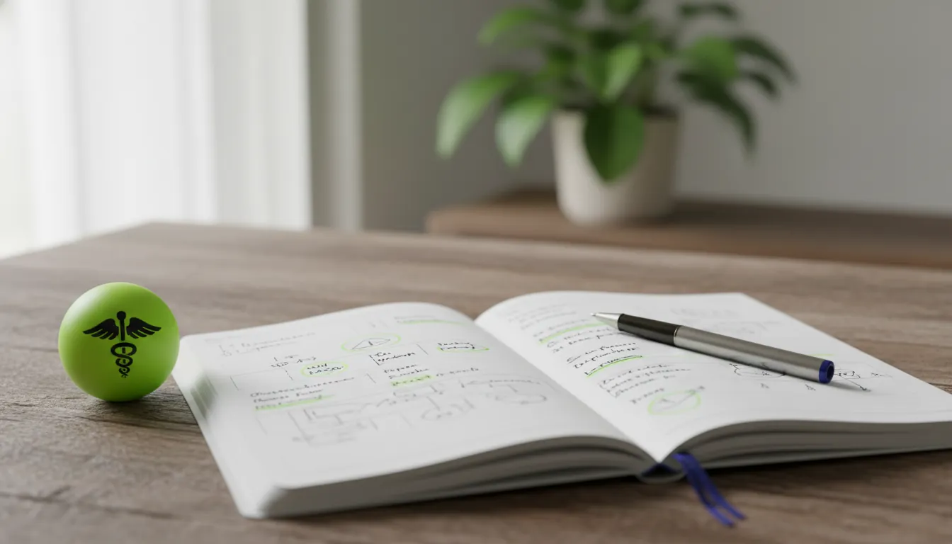 A medical notebook and pen on a wooden table in a clinical workspace