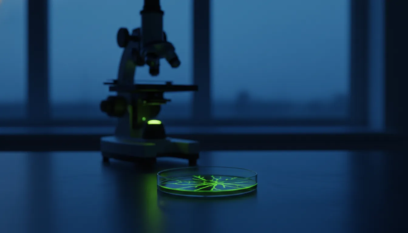 A petri dish with bacterial culture in a dim lab setting