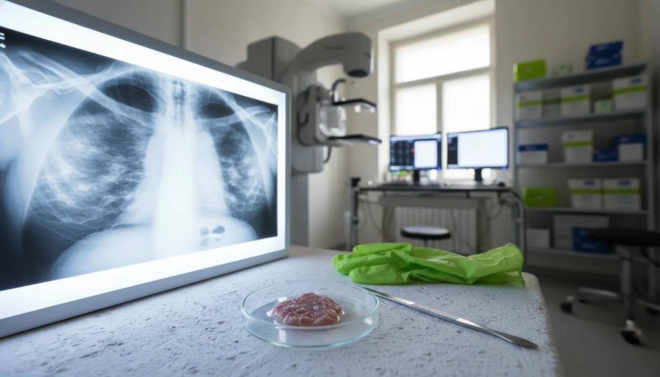 A mammogram displayed on a lightbox with a breast tissue sample in a clinical setting.