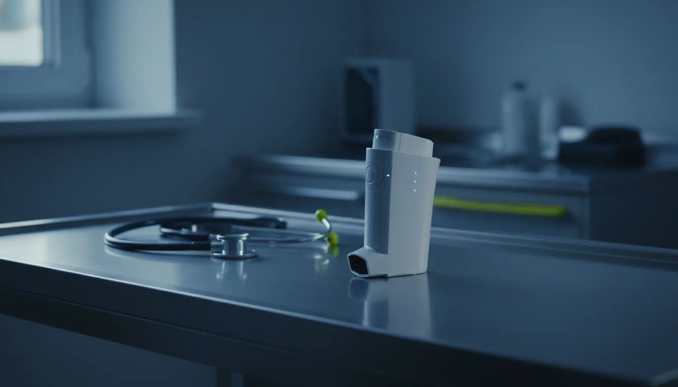A smart inhaler on a clinical table with a stethoscope in the background.