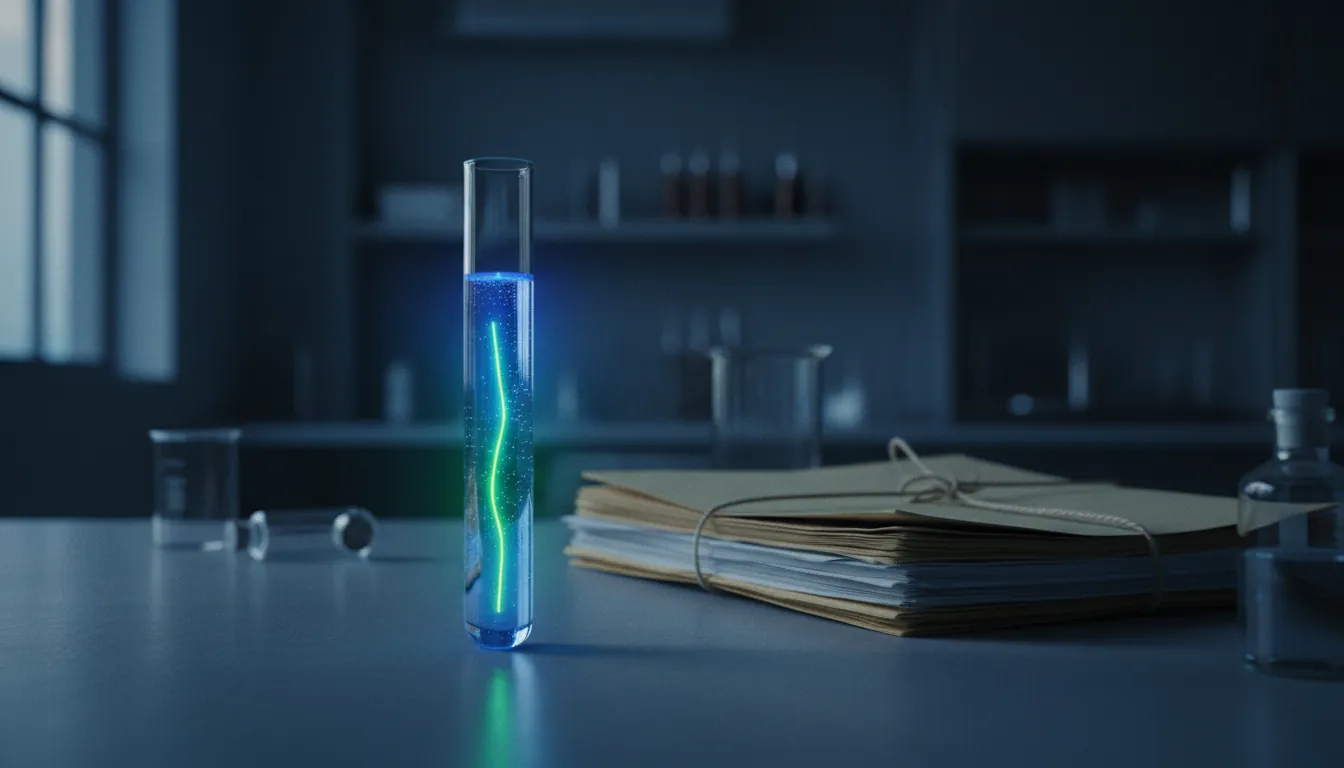 A test tube in a laboratory setting with clinical records in the background.