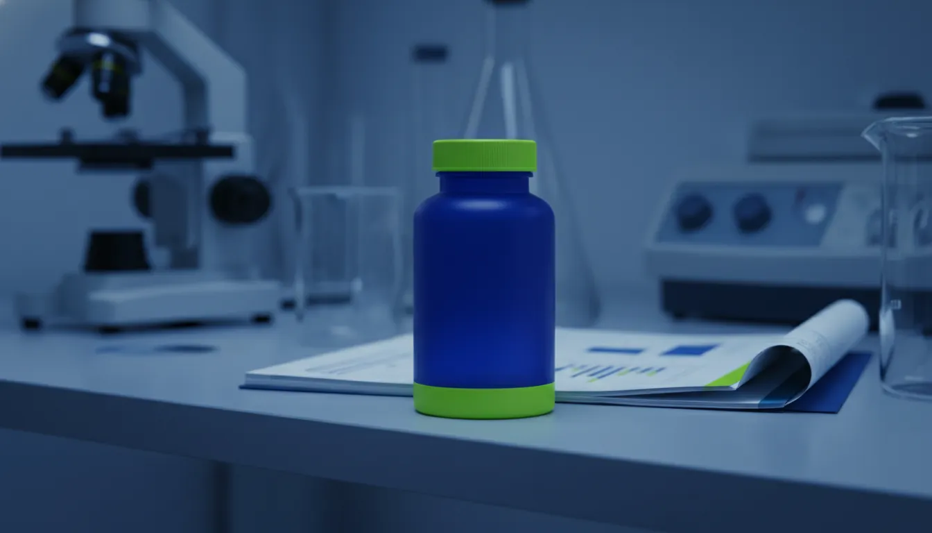 A calcium supplement bottle on a lab shelf with a clinical trial report behind it.