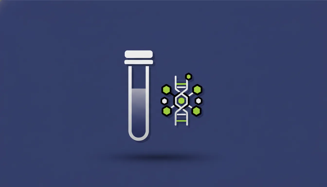 A minimalist representation of a liquid biopsy tube and a biomarker icon in flat design.