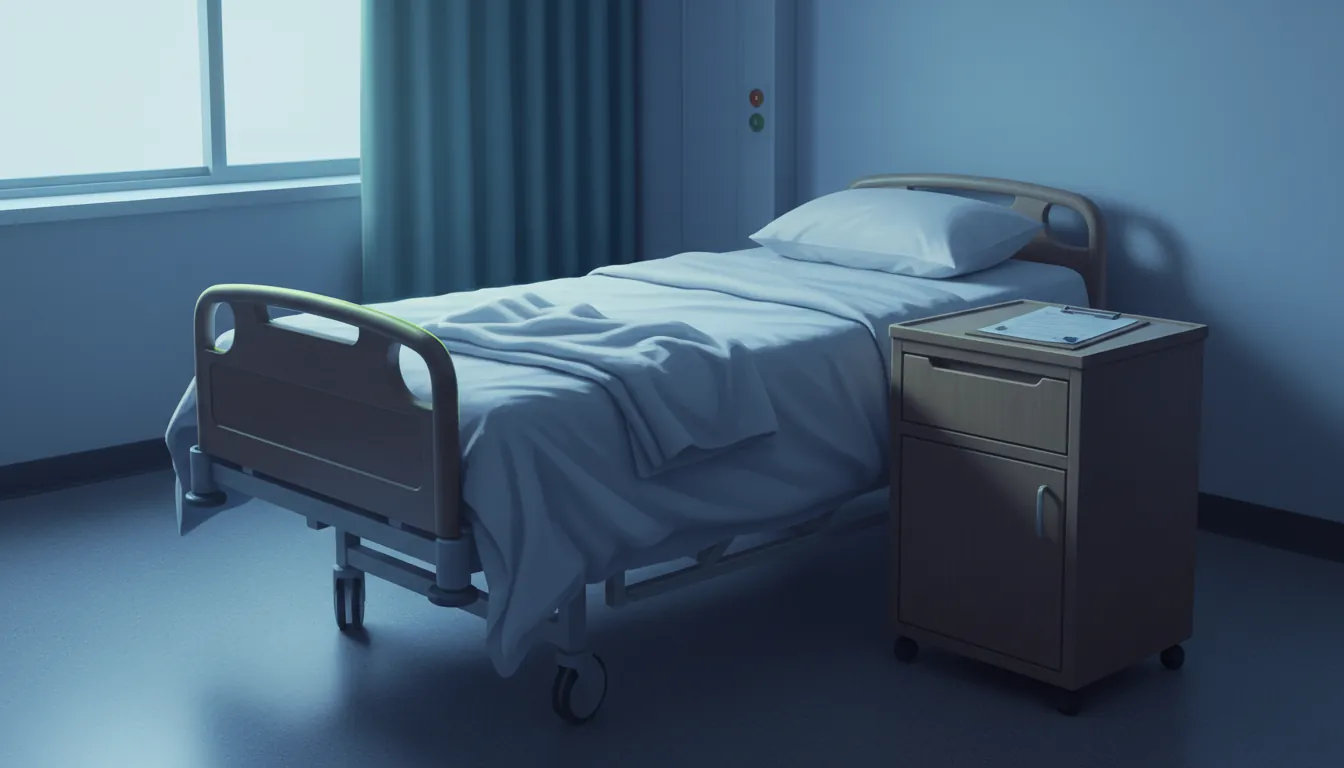 A hospital bed with a patient chart in a dimly lit room