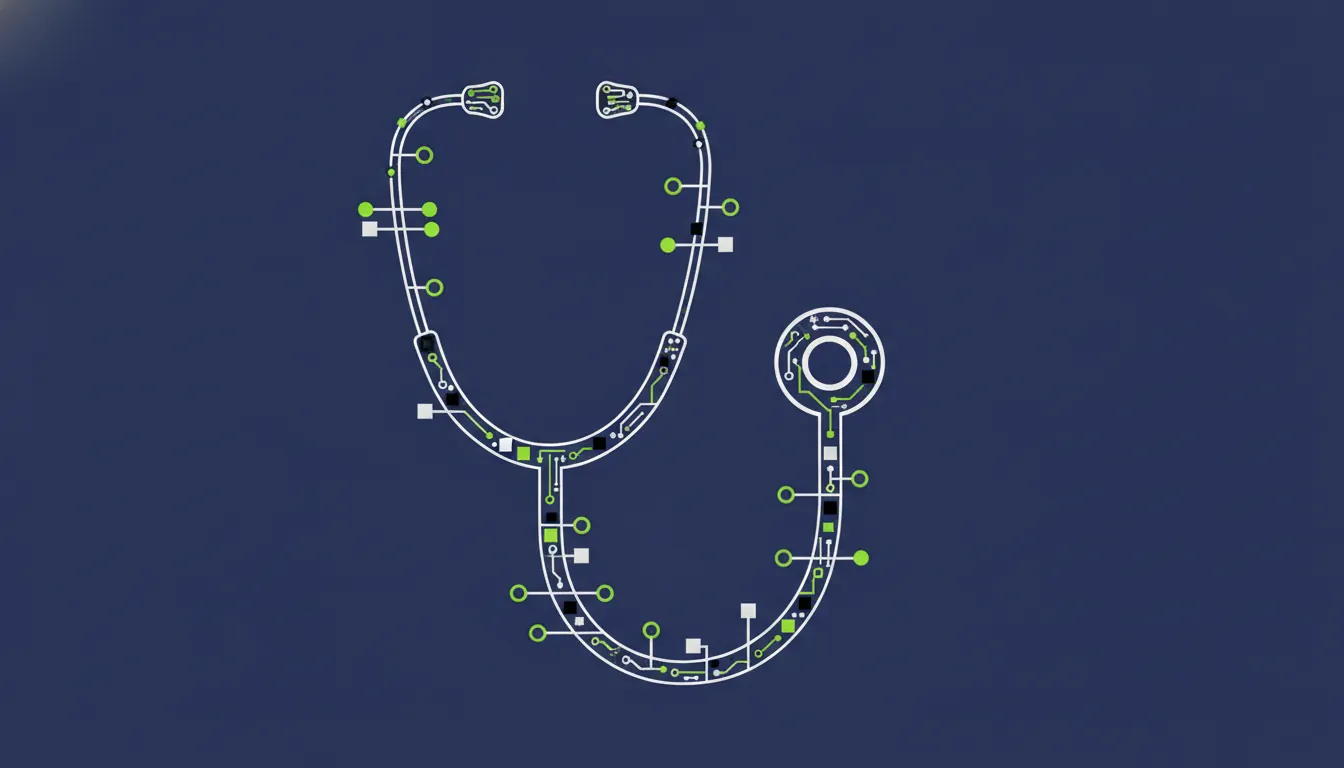 A minimalist representation of AI in healthcare with a stethoscope and circuit pattern.