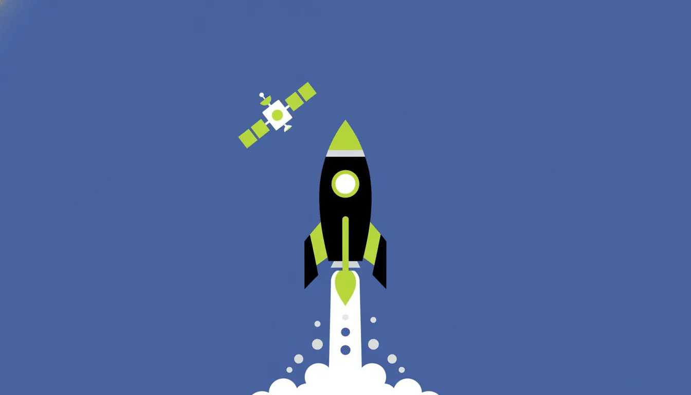 A minimalist illustration of a rocket and satellite in outer space
