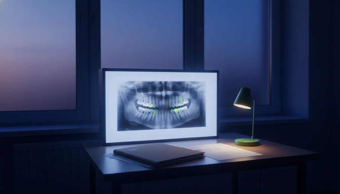 A dental X-ray illuminated on a lightbox with a patient record folder nearby.