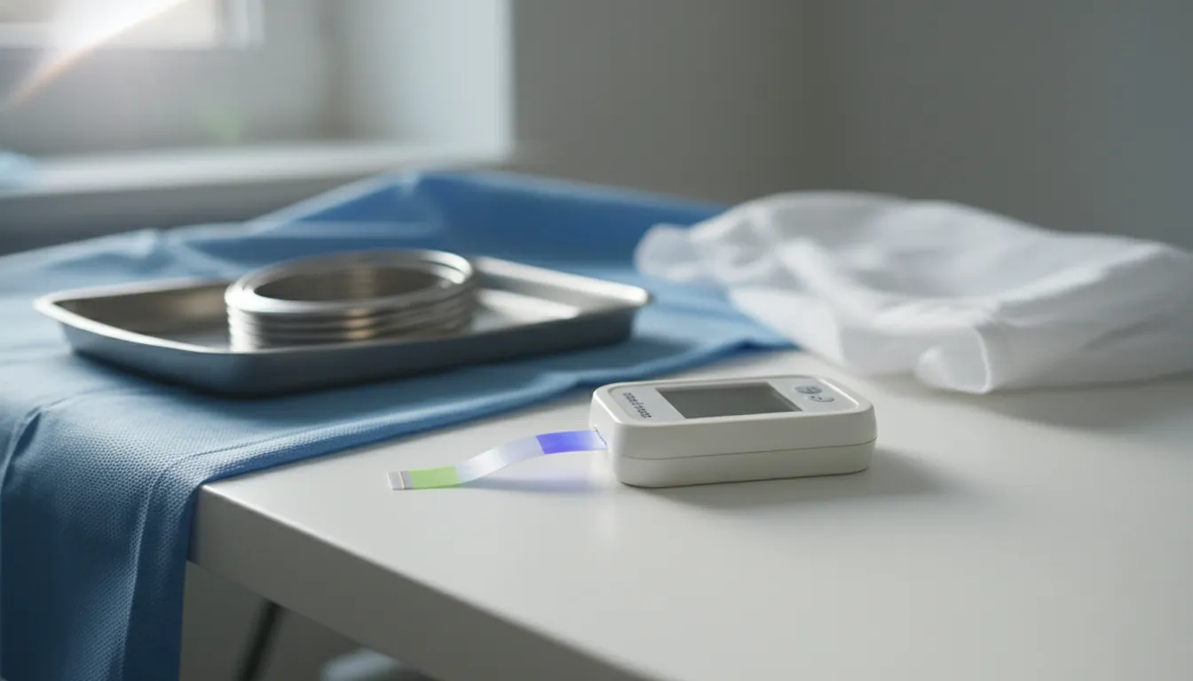 A dual glucose-ketone sensor on a clinical table with a stent in the background.