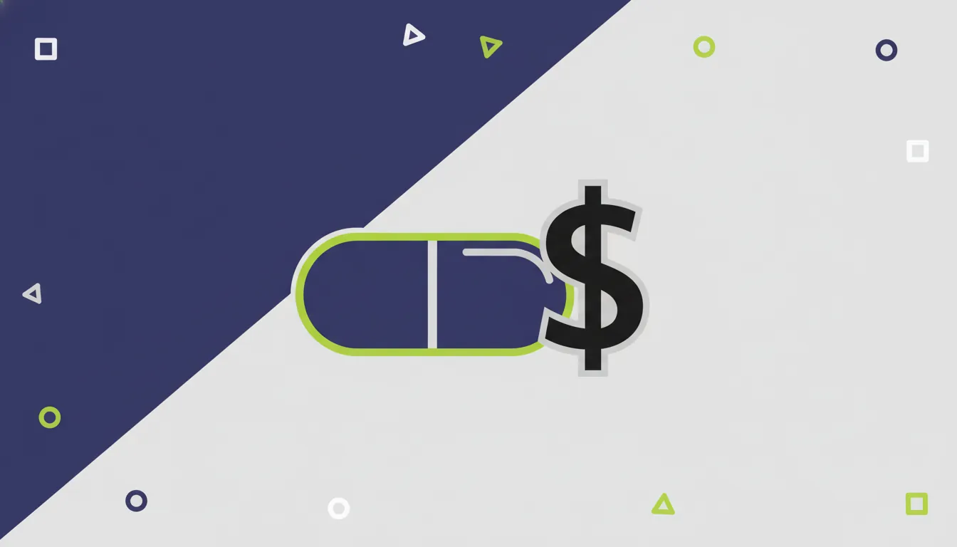 A minimalist illustration of a pill and a dollar sign representing biotech investment.