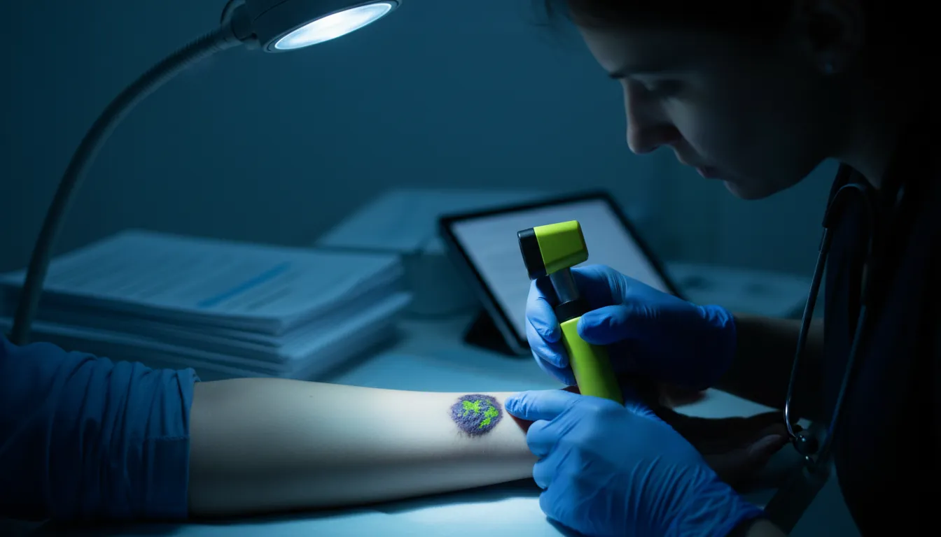 A healthcare professional examining a skin lesion in a dimly lit room.