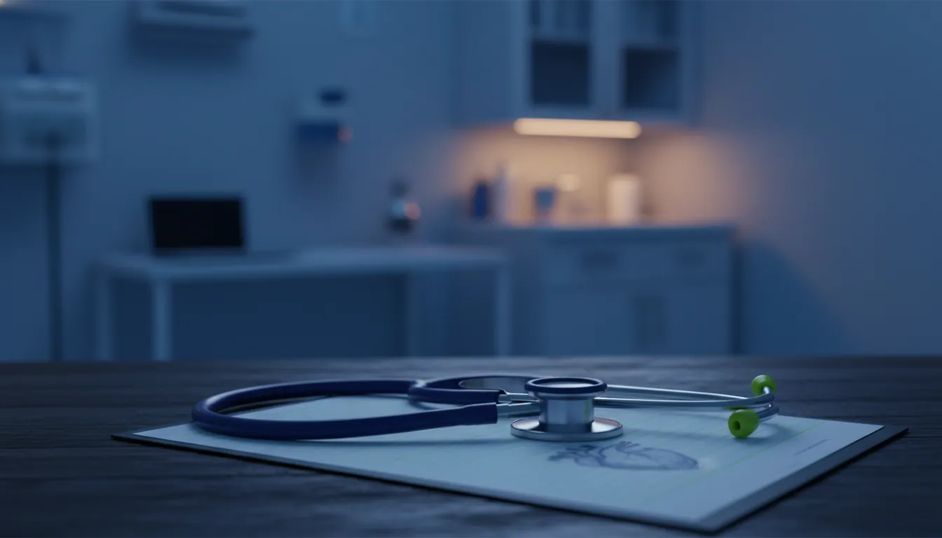 A stethoscope on a medical chart in a dimly lit clinic room