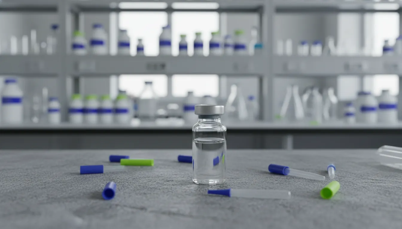 A vial of enzyme sample on a lab bench with shelves of reagents in the background.