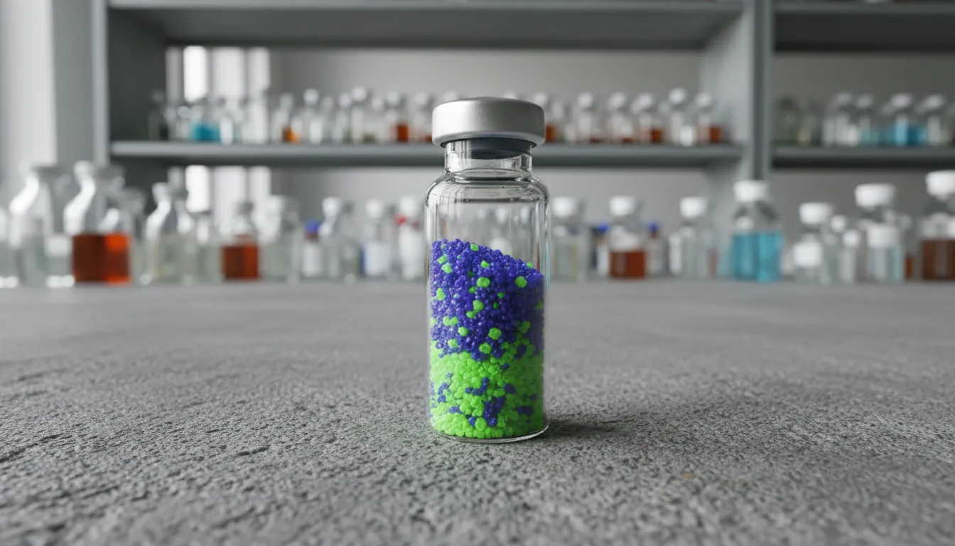 A close-up of a drug compound in a glass vial on a lab table with shelves of reagents in the background.
