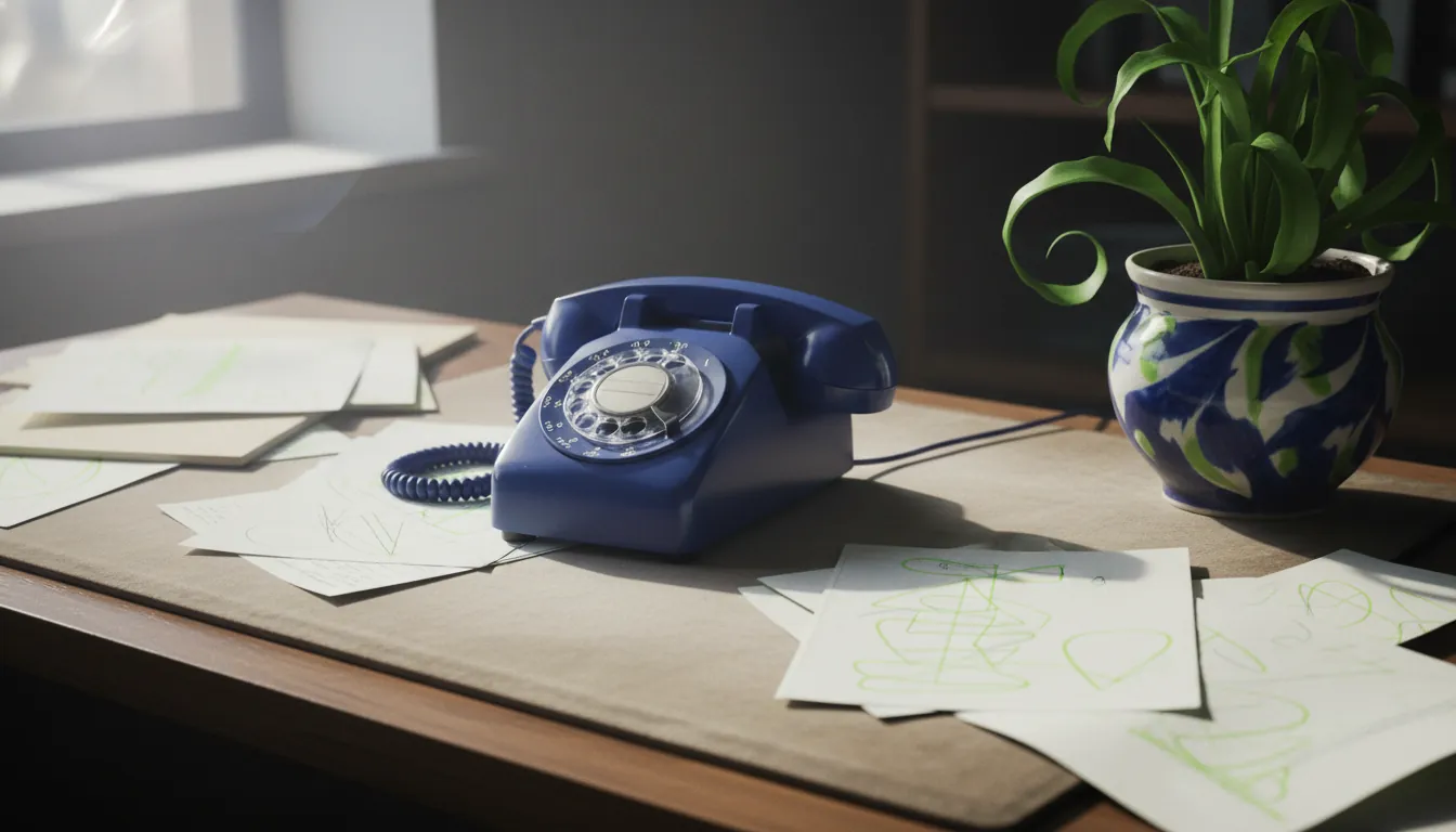A vintage telephone on an office desk with scattered papers and a plant in the background.