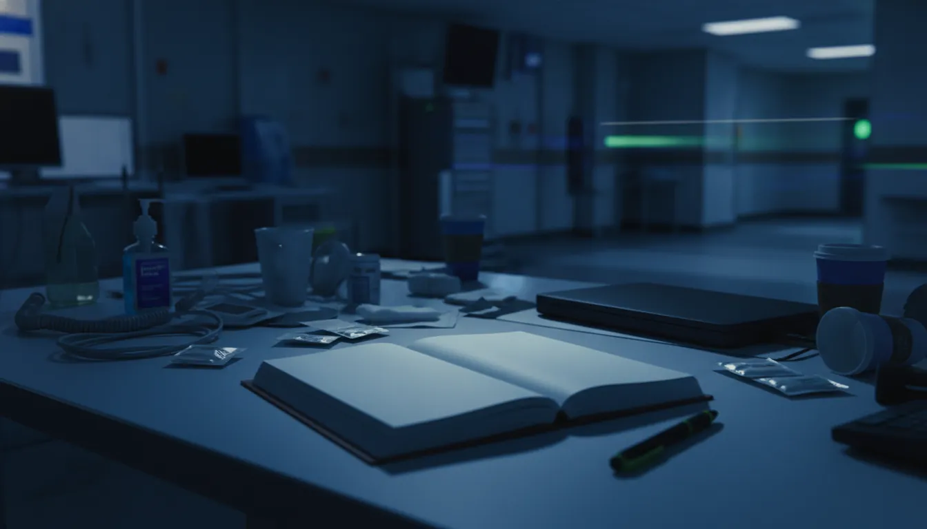 A medical chart and pen on an emergency room desk in low light.