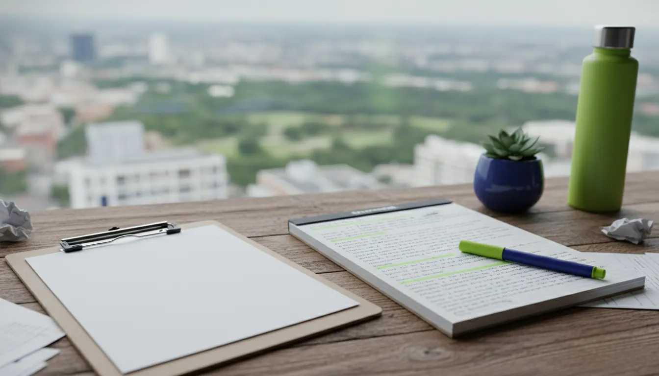 A clipboard and notepad in a pharmaceutical office setting