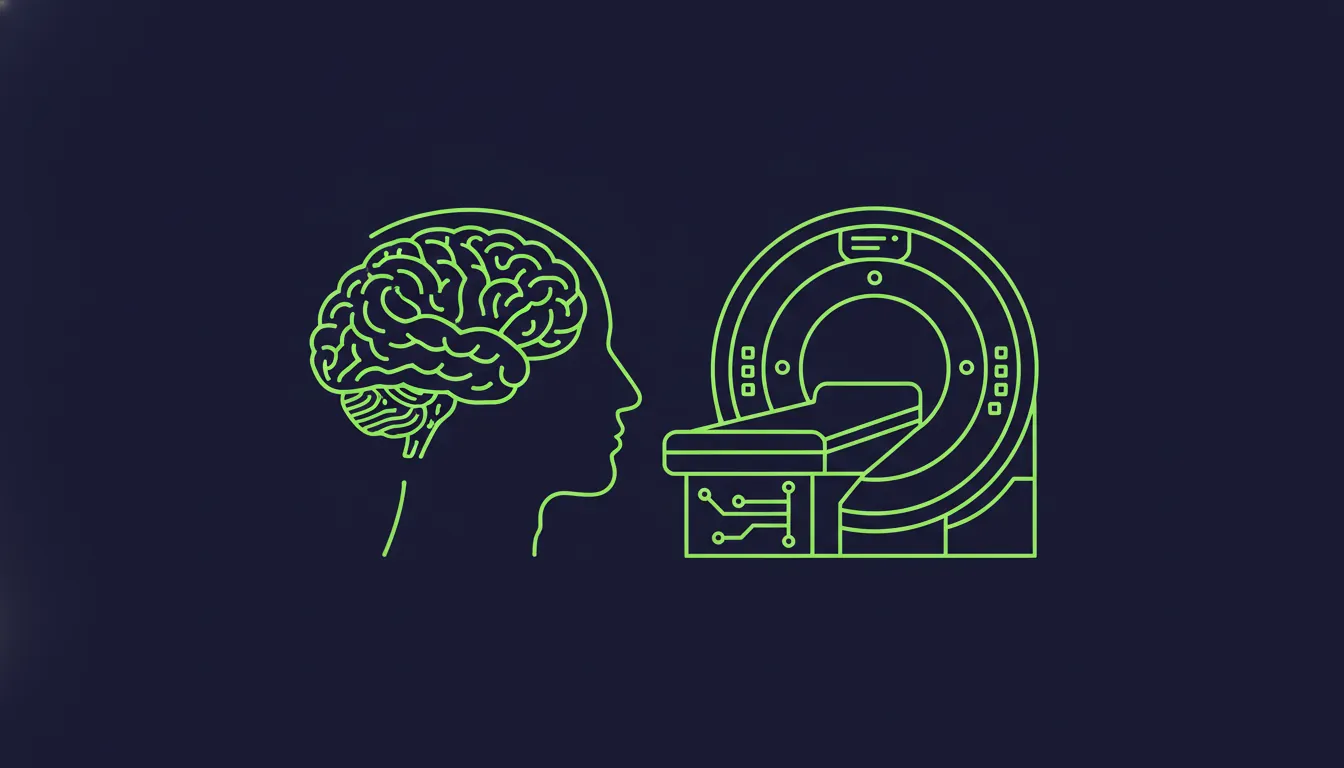 A minimalist illustration of a brain and an MRI machine on a dark background.