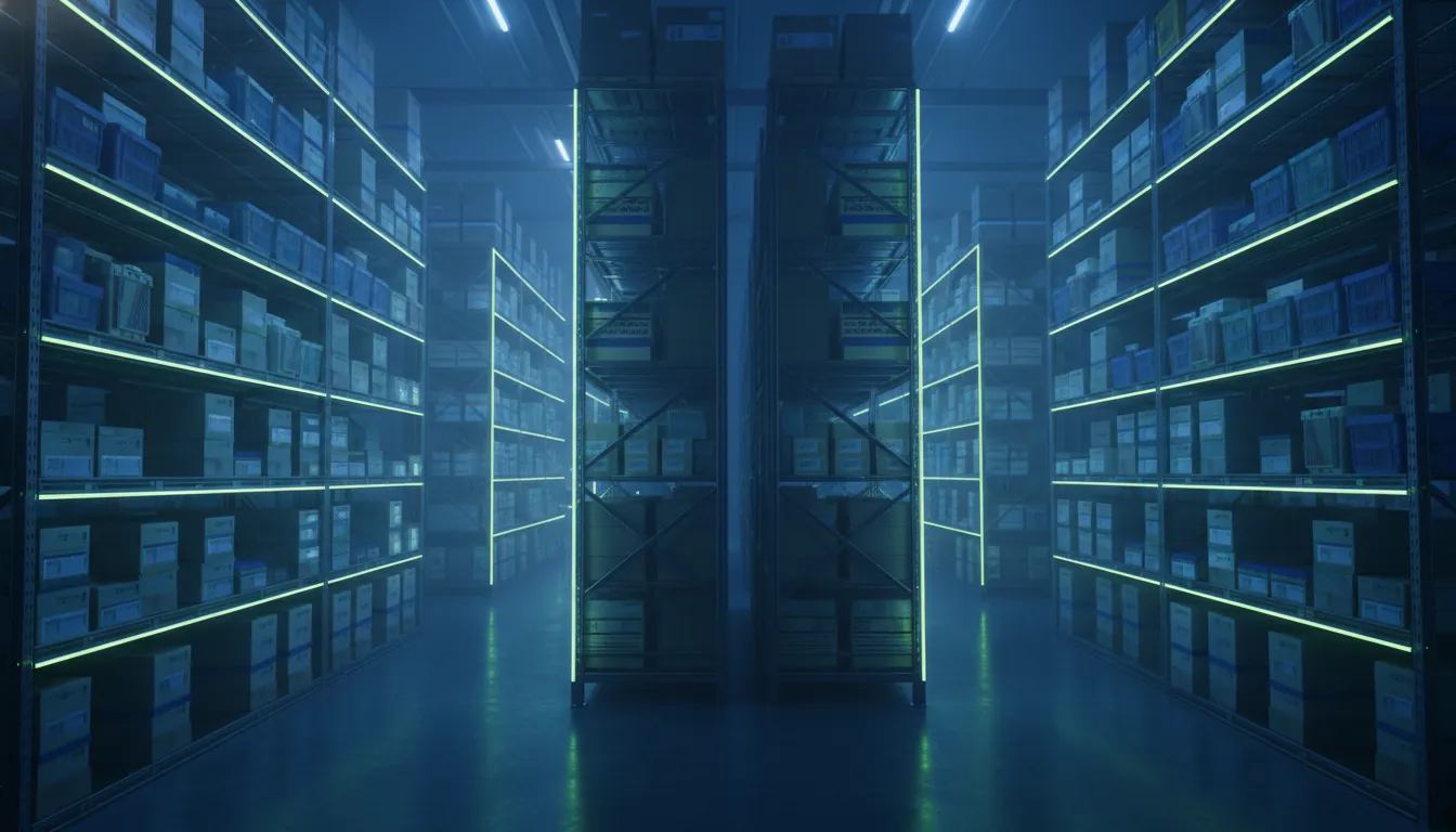 Cold storage unit with pharmaceutical products in a dimly lit warehouse