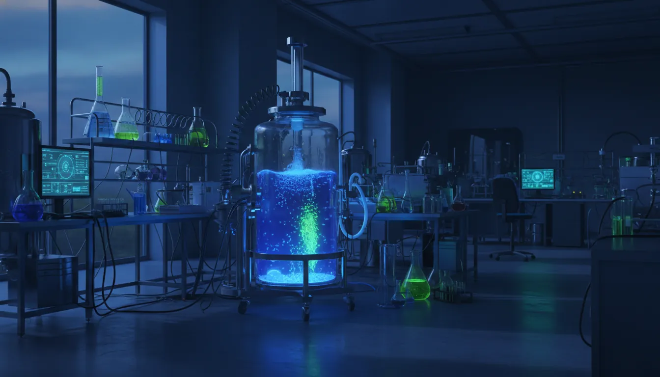 A bioreactor in a dimly lit biotechnology lab, showcasing lab equipment in the background.