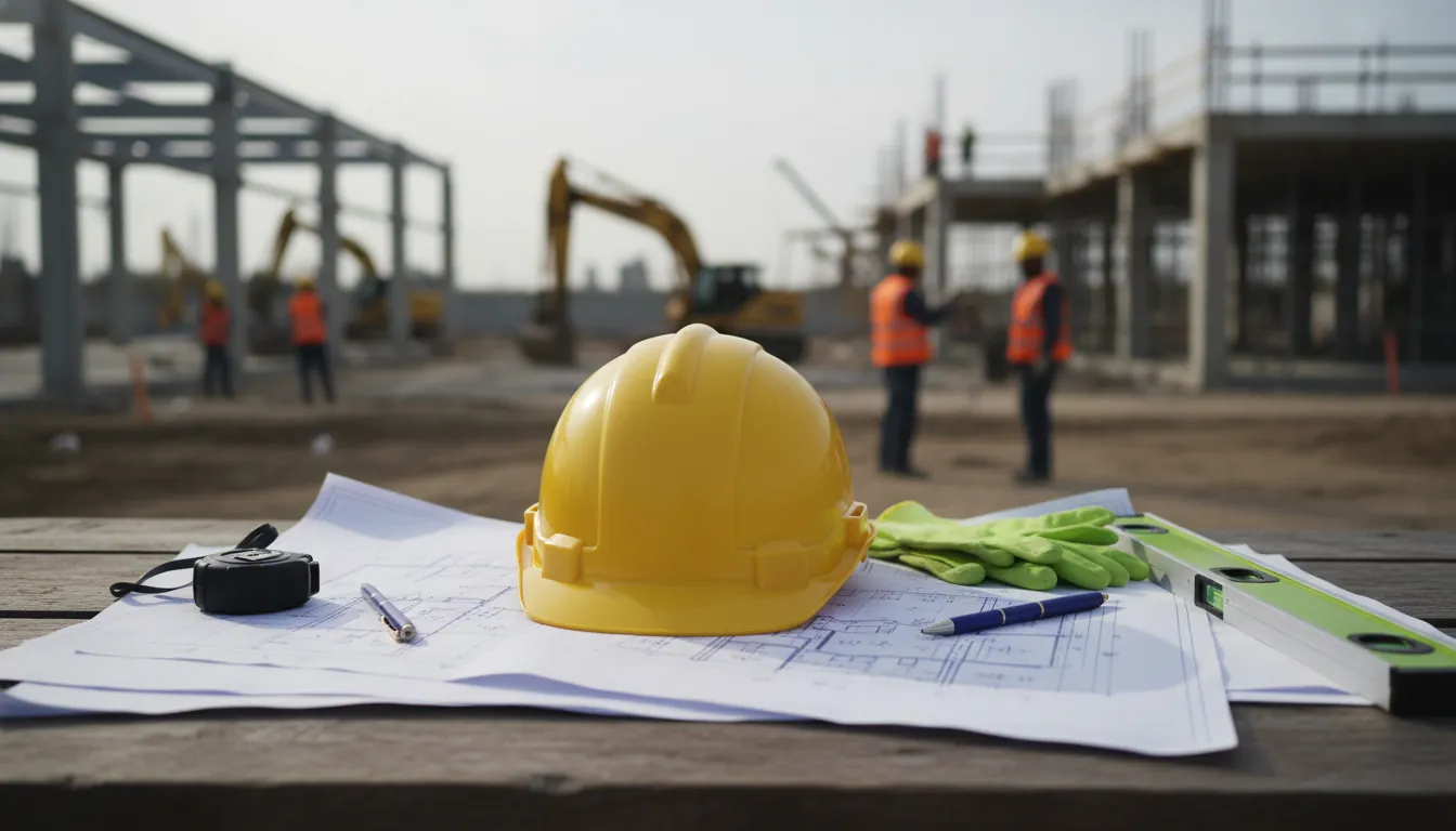 Construction helmet on blueprints at a construction site