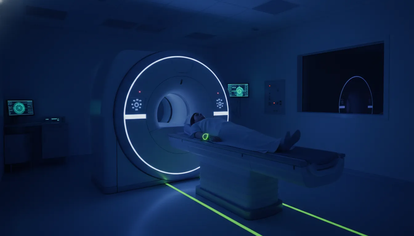 An MRI machine in a dimly lit radiology room with a patient preparing for a scan.