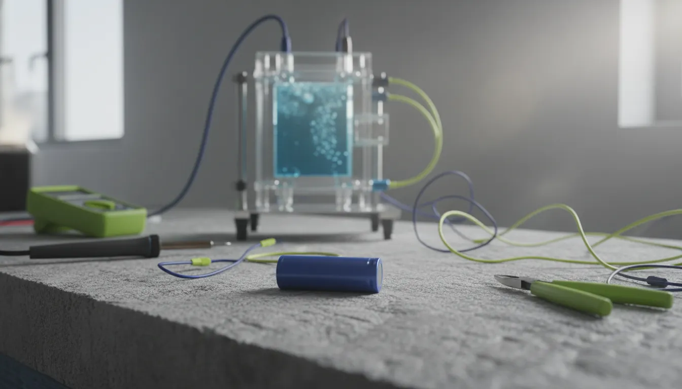 A rechargeable battery on a lab bench with a hydrogen fuel cell in the background.