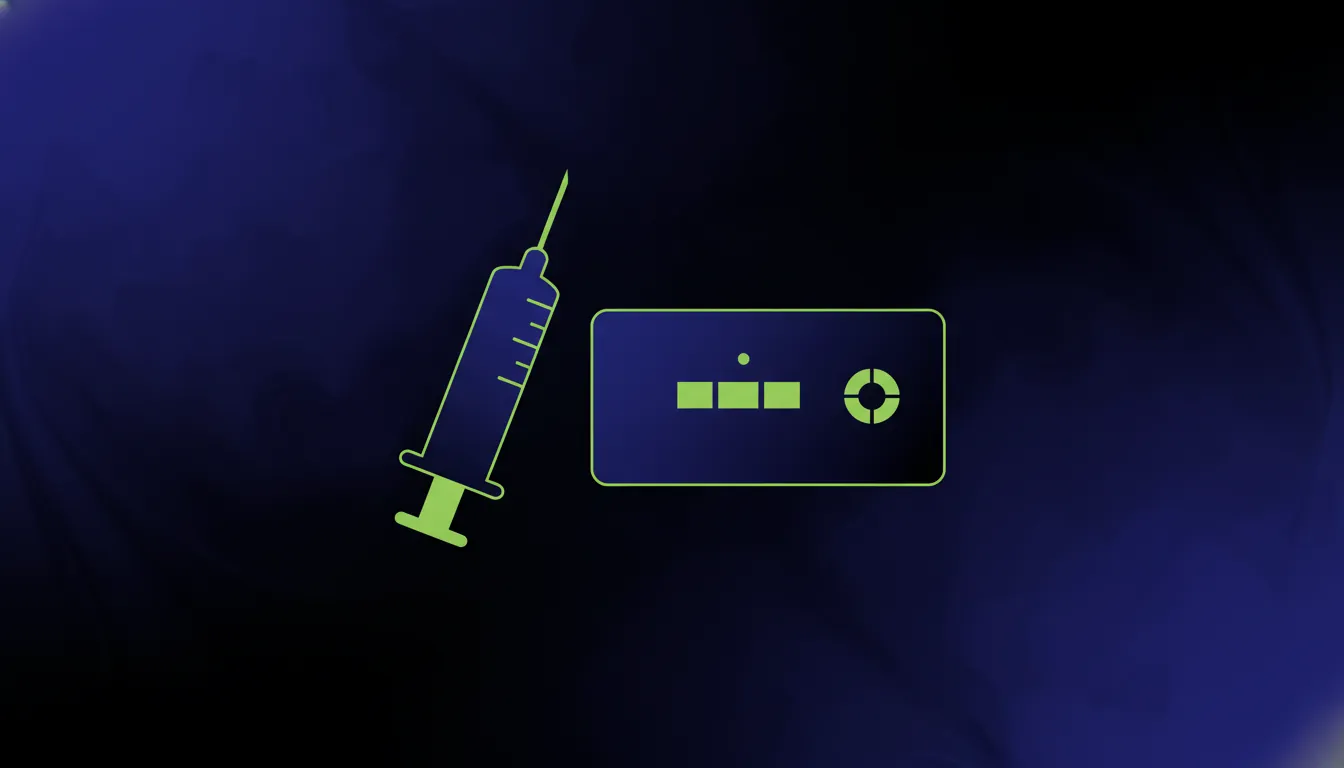 A minimalist illustration of a veterinary syringe and diagnostic test kit in a dark palette.