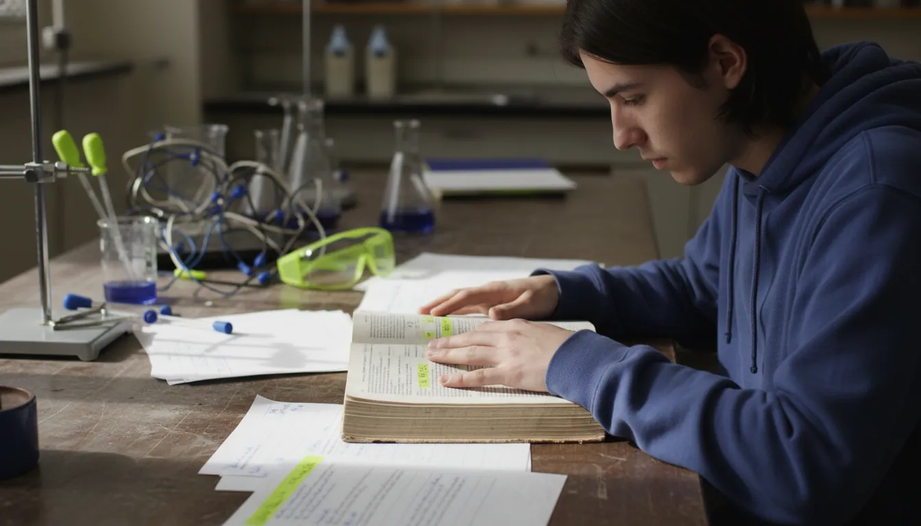 A student studying in a university lab with a textbook and lab tools.