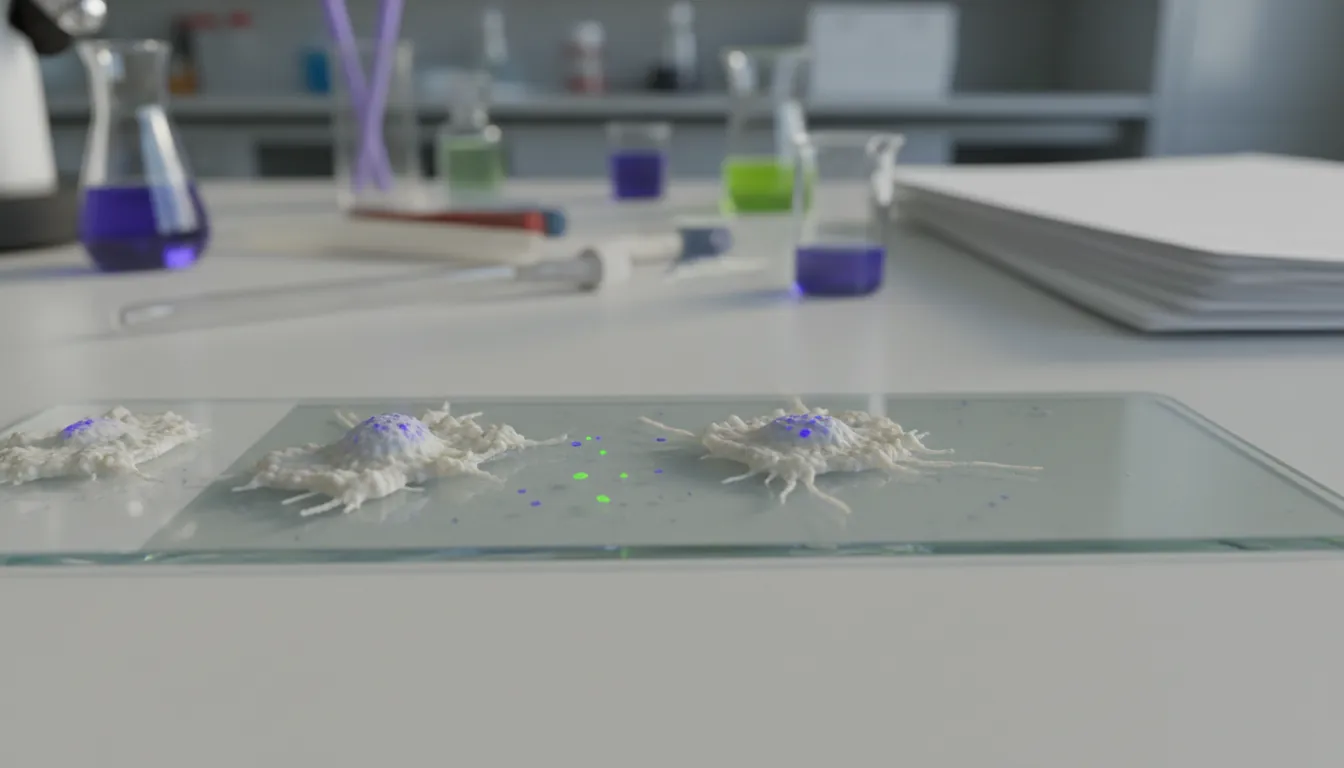 Close-up of human immune cells on a glass slide in a laboratory setting.