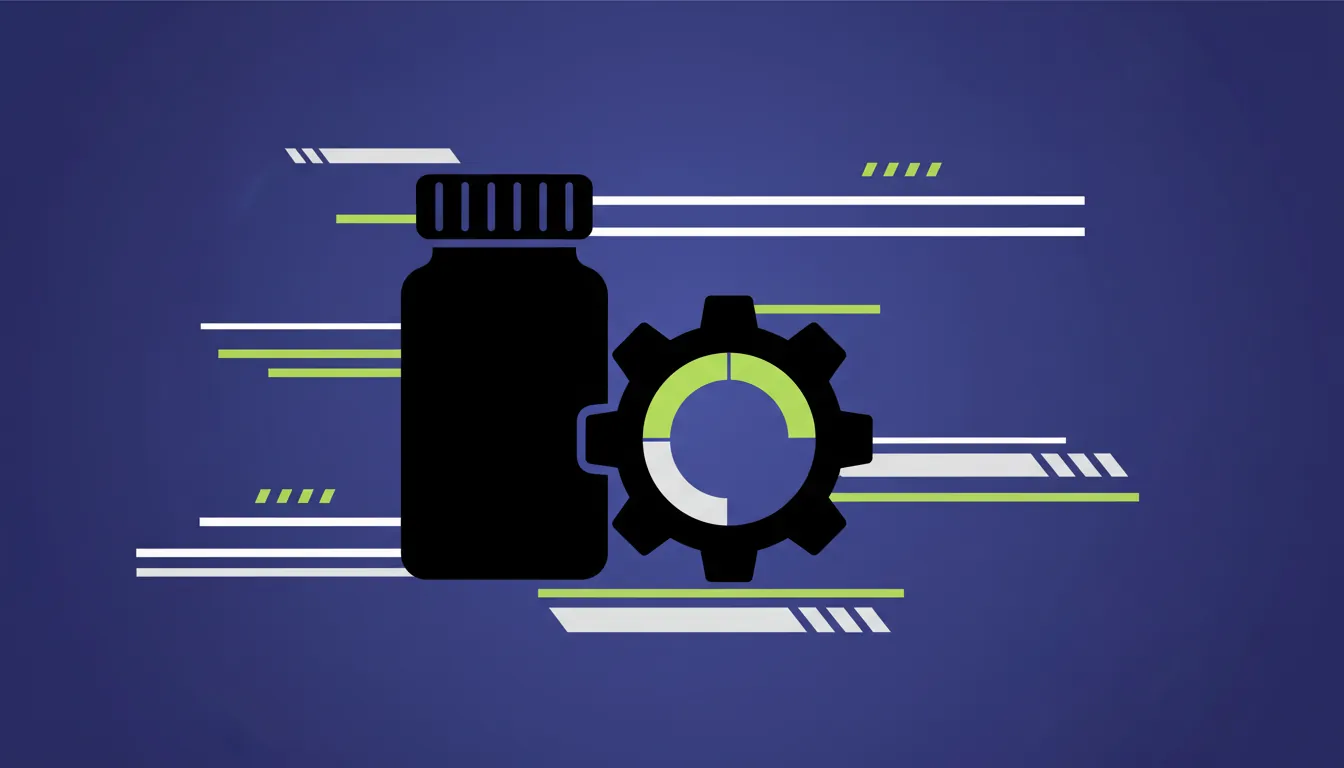 A minimalist illustration of a pill bottle and gear symbolizing pharmaceutical automation.