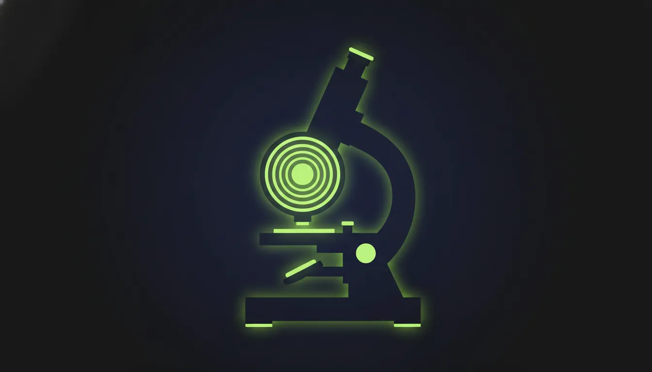 A minimalist illustration of a microscope with a lens in a dark color scheme.