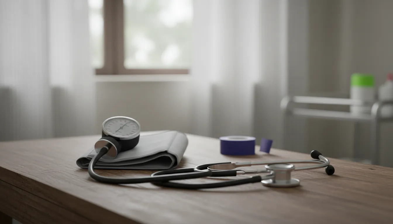 A blood pressure cuff and stethoscope in a clinical setting