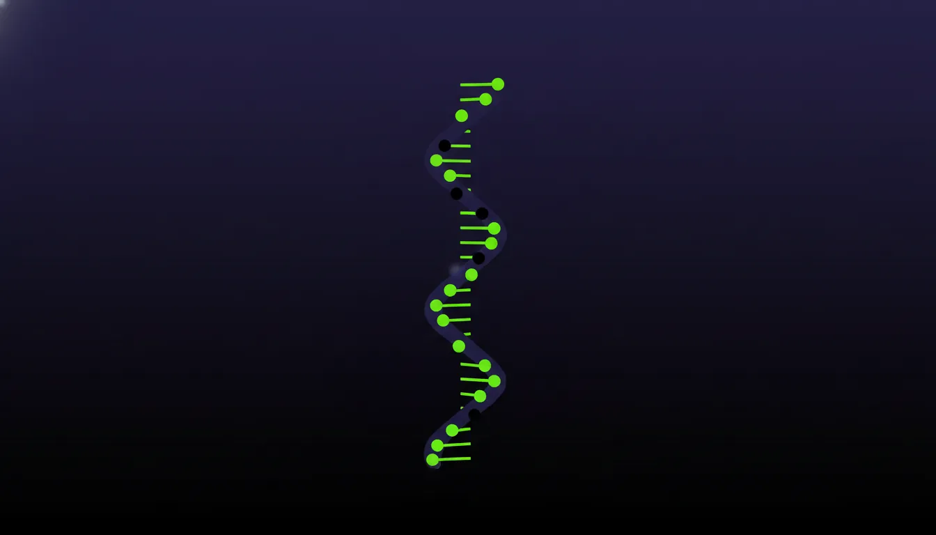 A minimalist representation of DNA sequencing in a dark theme.
