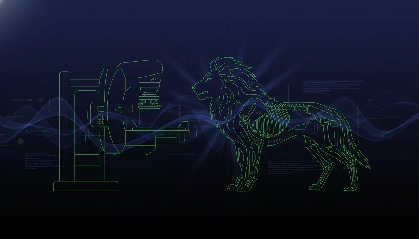 A minimalist representation of veterinary radiology equipment and an animal silhouette.