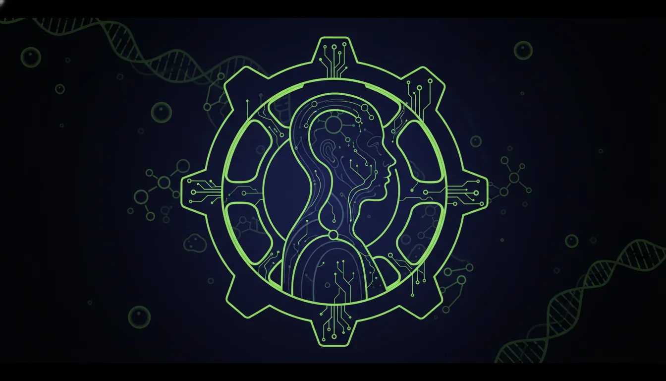 A human silhouette and gear representing biotech innovation