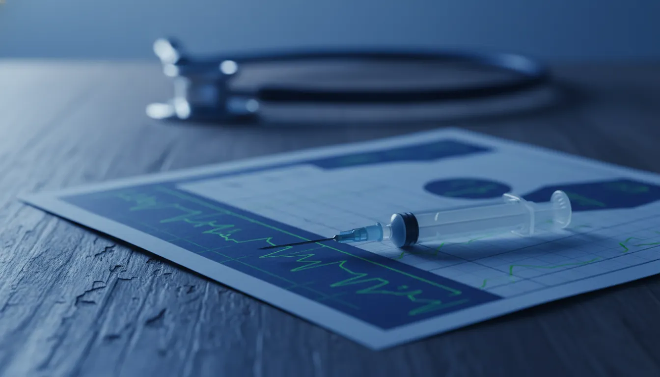 A syringe on a medical chart in a dimly lit examination room