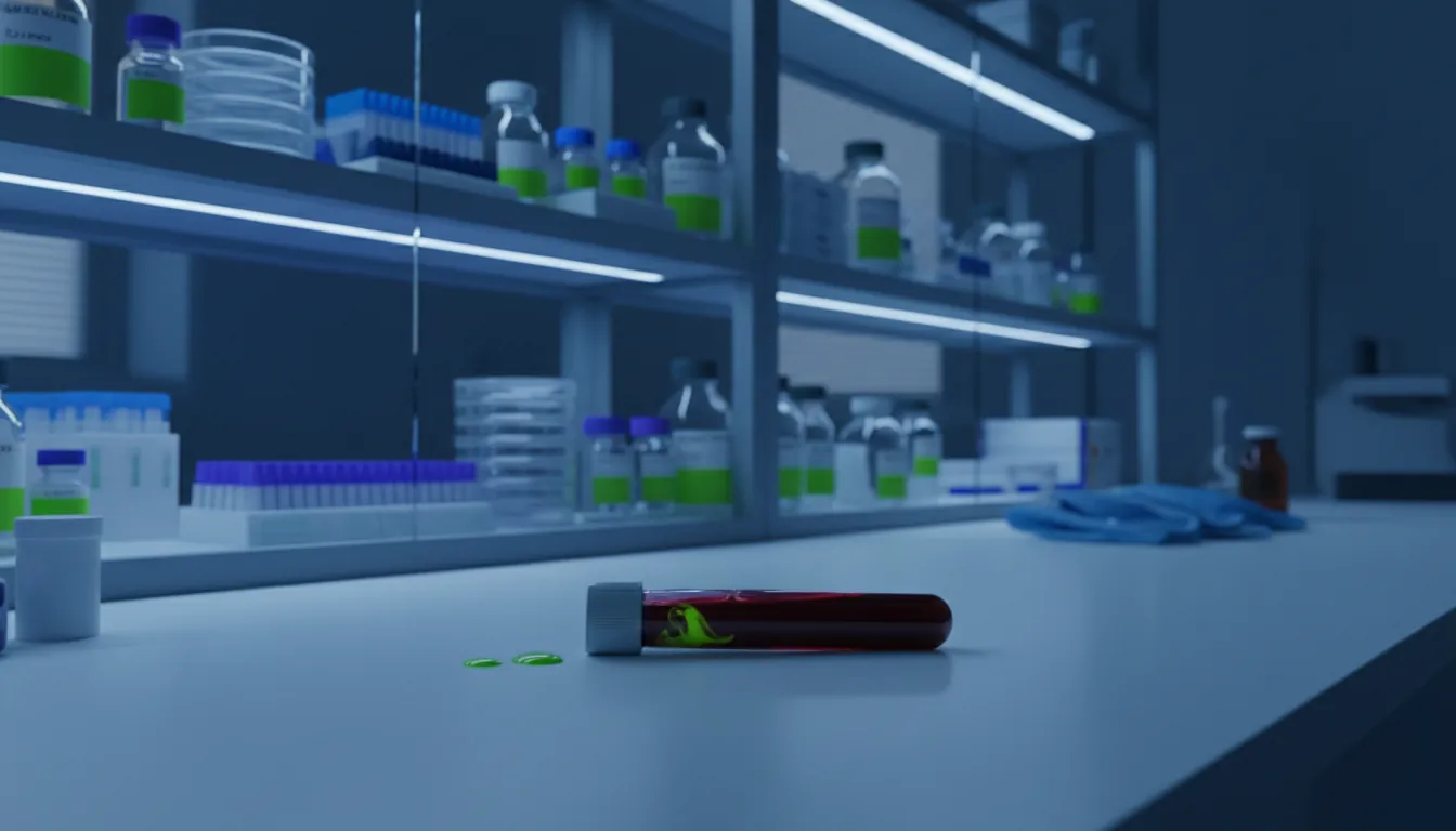A blood sample in a clinical vial on a lab bench