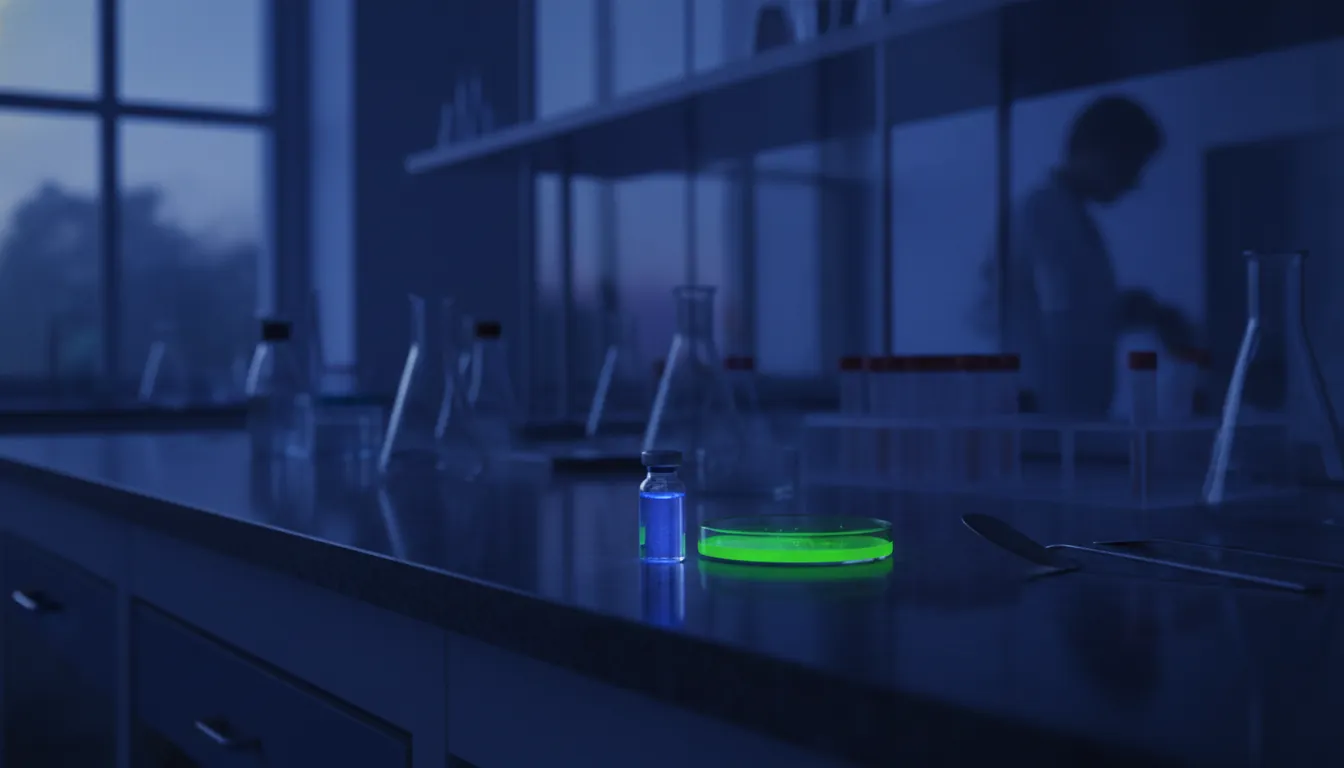 An enzyme sample on a lab surface in a dimly lit laboratory