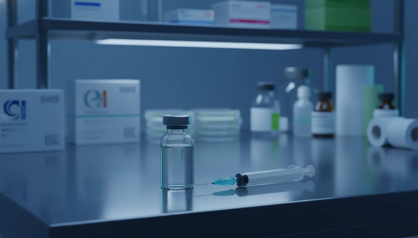 A vial of vaccine and a syringe in a dimly lit lab setting.
