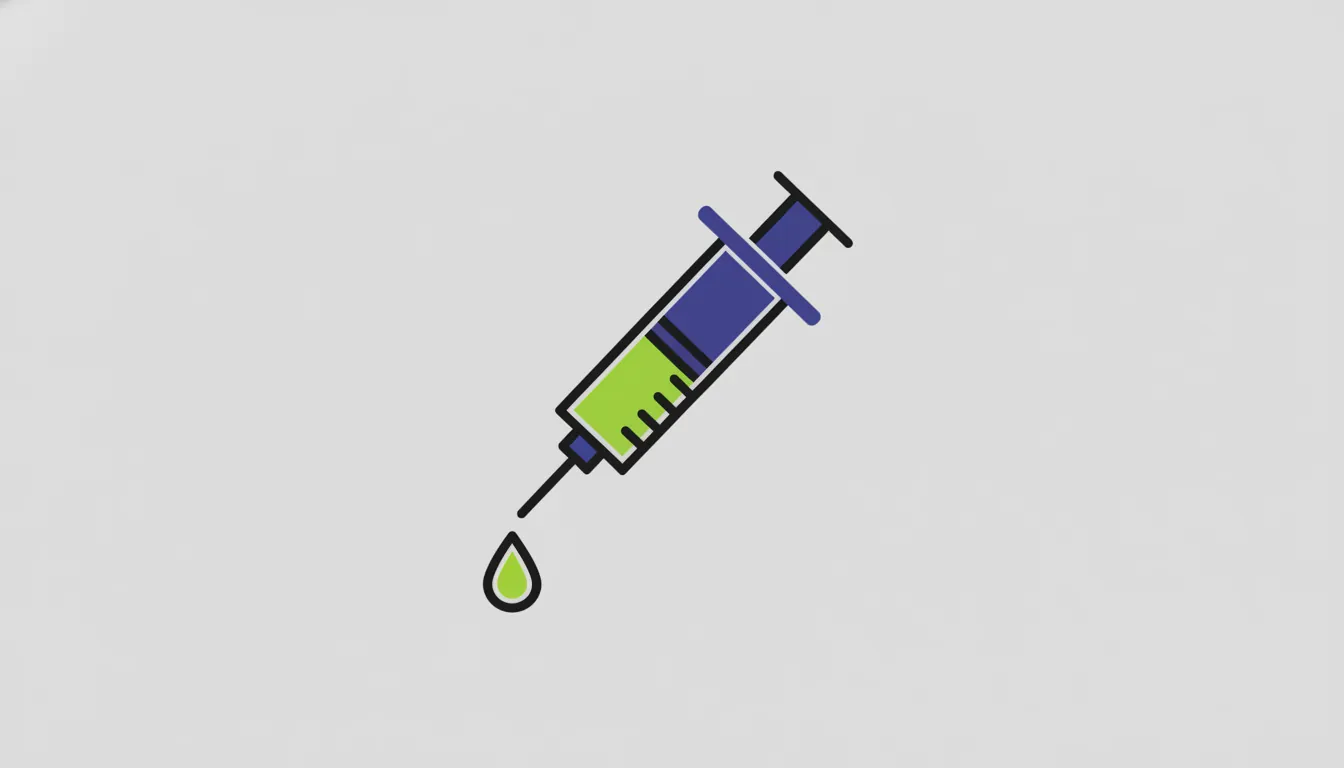 A flat illustration of a syringe with a droplet, representing drug development.