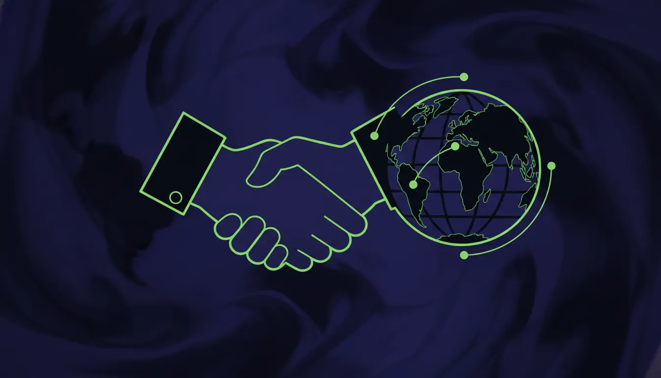 A minimalist illustration of a handshake and a globe on a dark background.