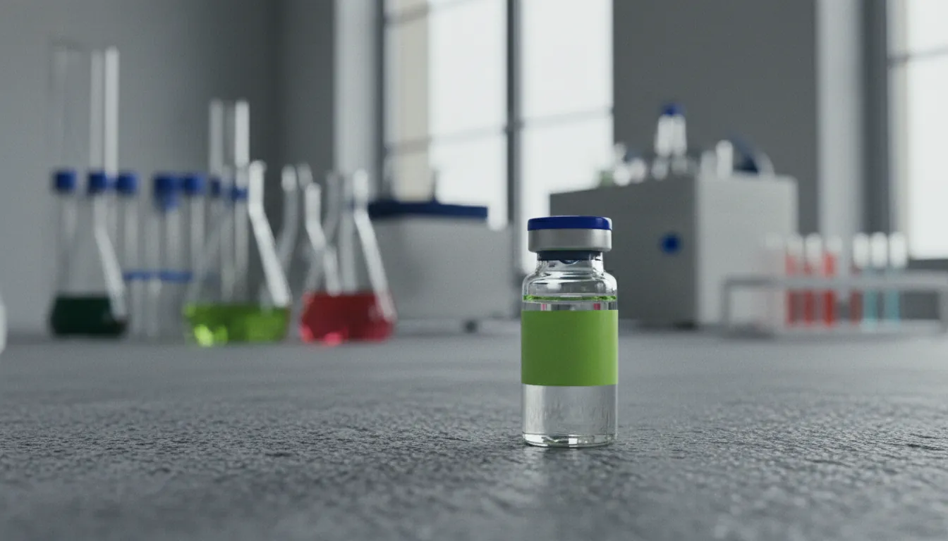 A vial of medication on a lab bench