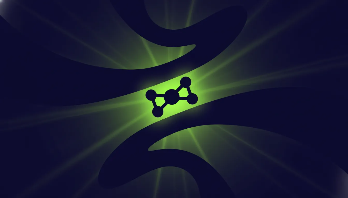 A minimalist representation of an enzyme and chemical bond in dark colors with lime accents.