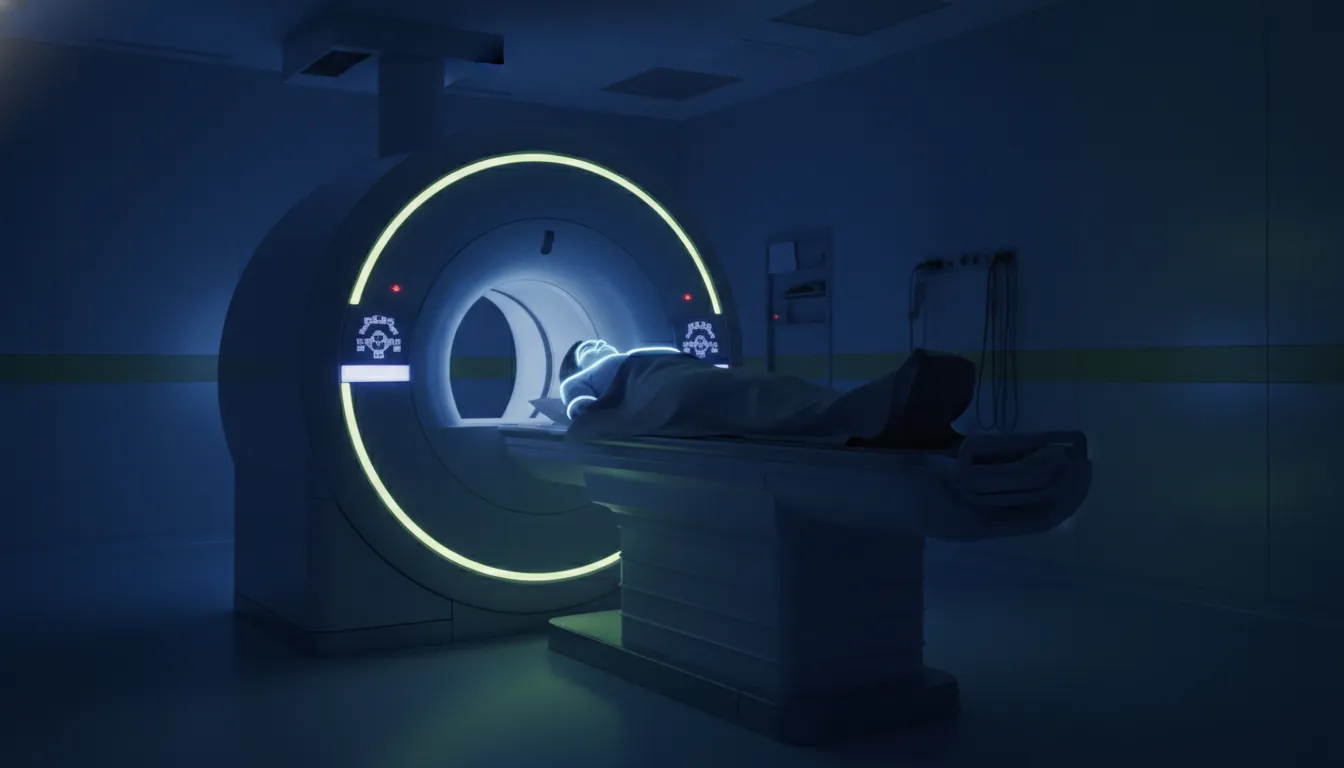 An MRI machine in a dimly lit hospital imaging room with a patient on the table.
