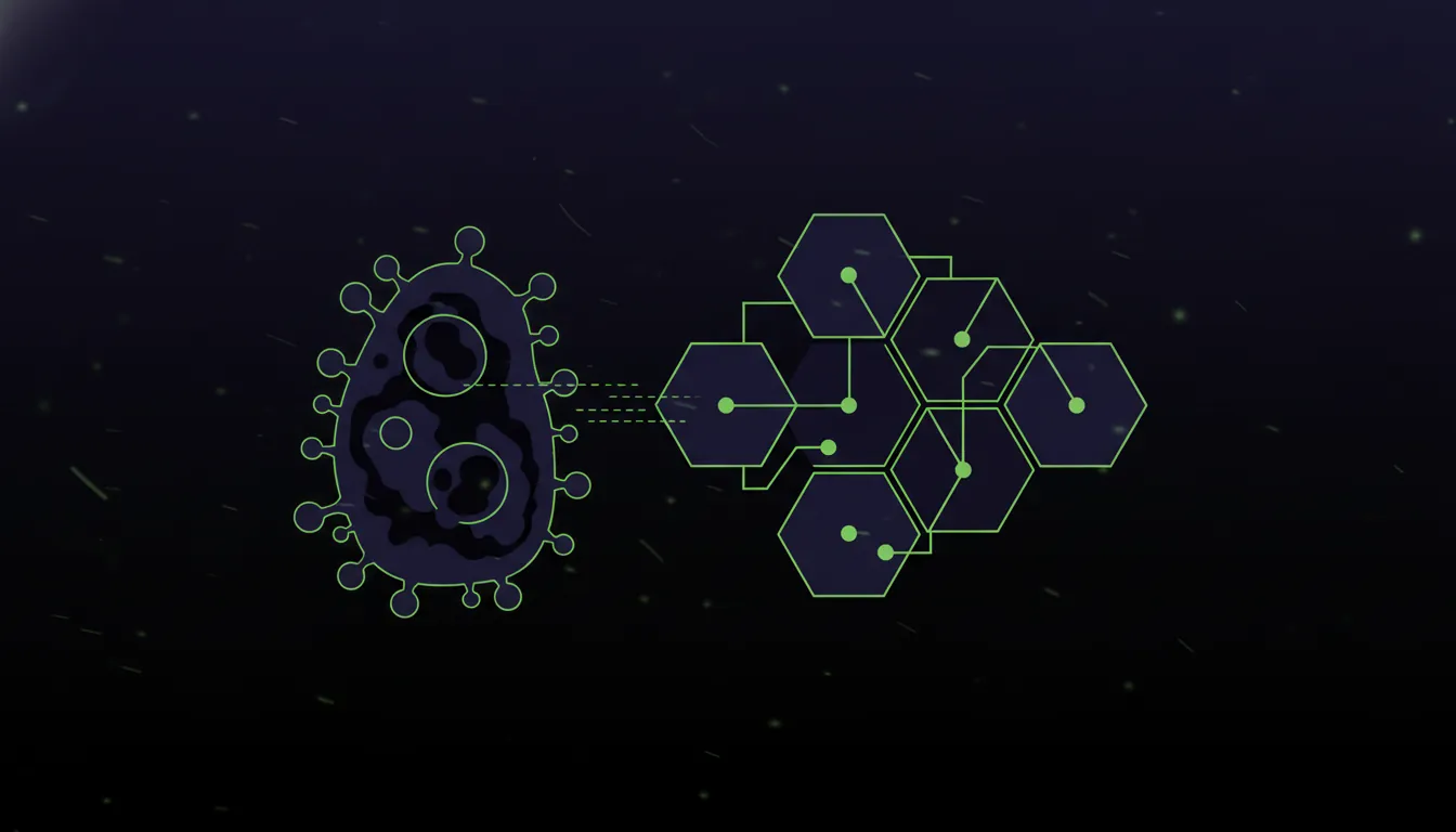 Minimalist illustration of a cancer cell and AI algorithm