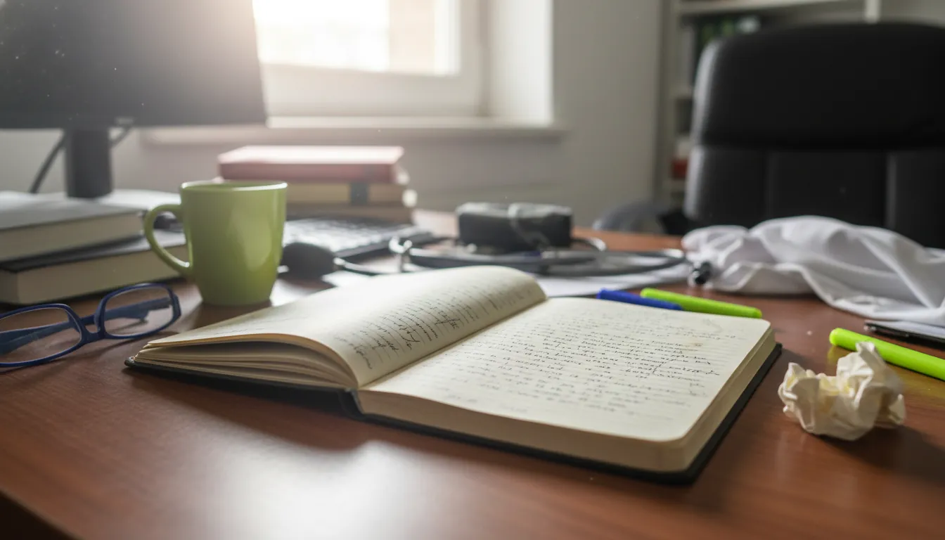A notebook with clinical notes on a desk in a healthcare office