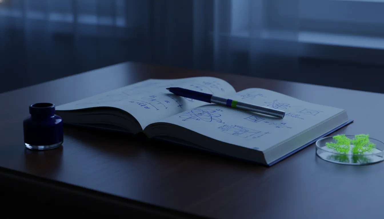 An open research notebook with a pen in a dimly lit office setting.